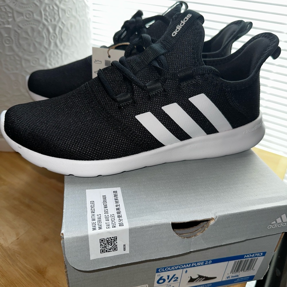 Adidas Cloudfoam Pure 2.0 Sneakers Black White Womens/Kids - Picture 2 of 5